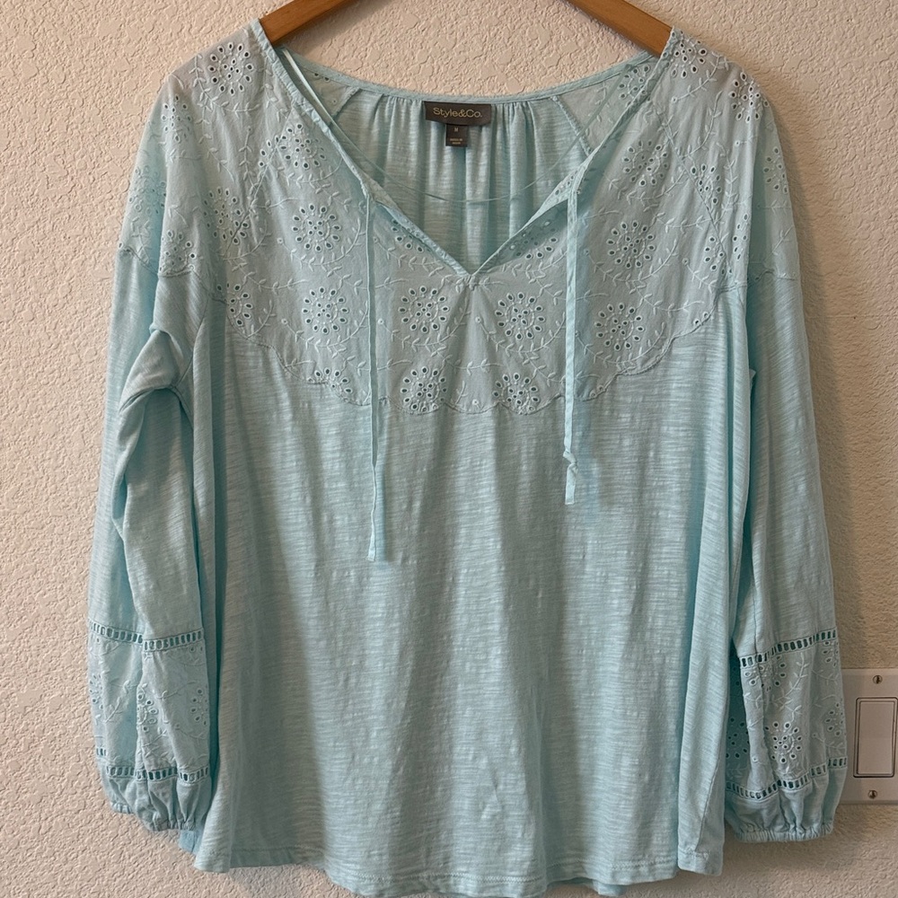 Style & Co. Eyelet Trim Tie-Neck Peasant Top, Medium, Light Teal, Light & Airy